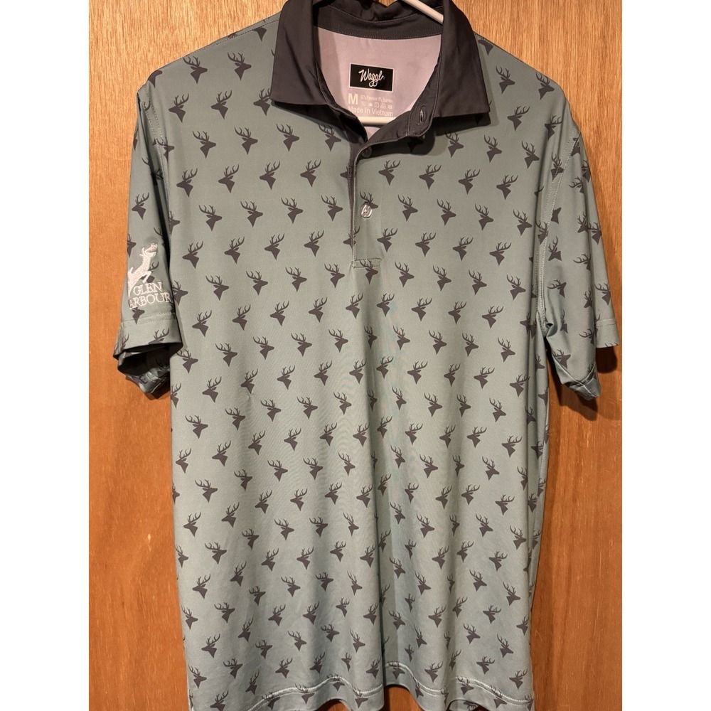 Waggle Glen Arbour Medium Teal Deer Head Antlers AOP Performance Golf Polo (Z1)